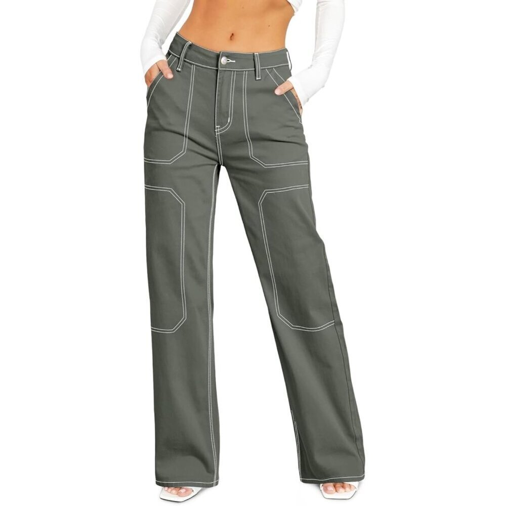 Women Four Leaf Clover Casual Mid Waist Stretch Button Wide Leg Denim Cargo Pant